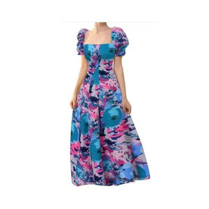 ZANZEA Women's Summer Maxi Dress Square Neck Short Sleeve Waist Split Print Hem